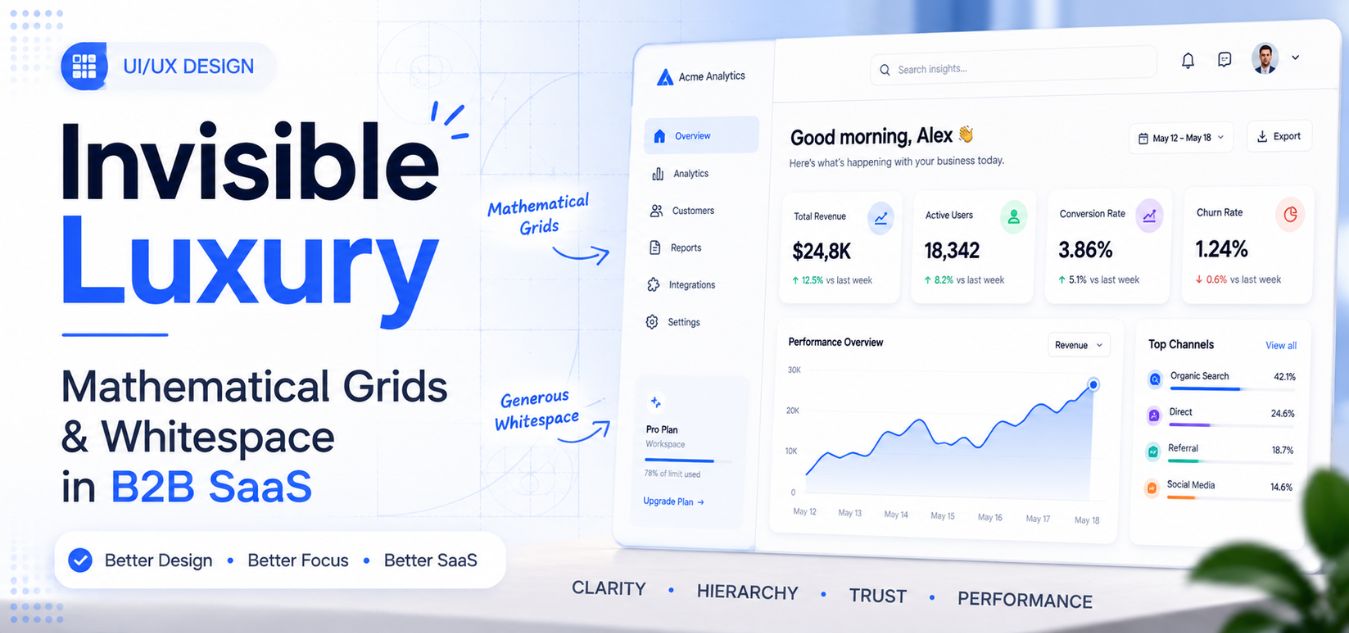 Invisible Luxury in B2B SaaS dashboard design featuring mathematical grid structures, strategic whitespace, clean UI layout, data analytics interface, and premium user experience principles for enterprise software applications.