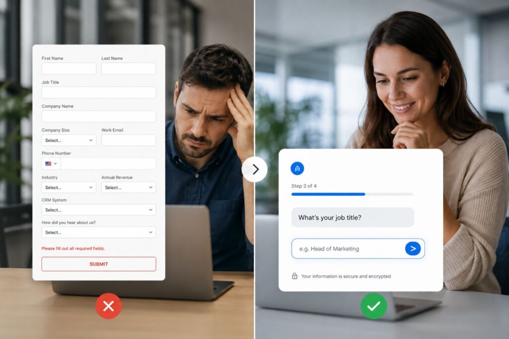 Comparison between a traditional enterprise lead capture form and a modern conversational UI onboarding experience, showing how chat-based multi-step workflows improve user engagement, reduce friction, and increase verified lead conversions.