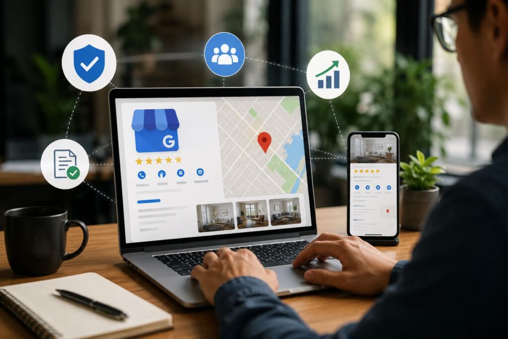 Professional remote design agency managing a Google Business Profile on a laptop and mobile device, showcasing local business verification, online credibility, customer trust signals, and global client engagement from a modern remote workspace.
