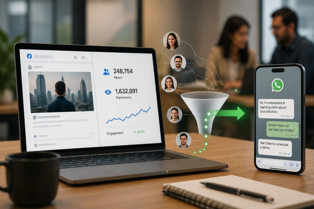Professional digital marketing dashboard showing Meta awareness campaign reach converting into qualified WhatsApp leads for B2B startups through a visual sales funnel and customer engagement analytics.
