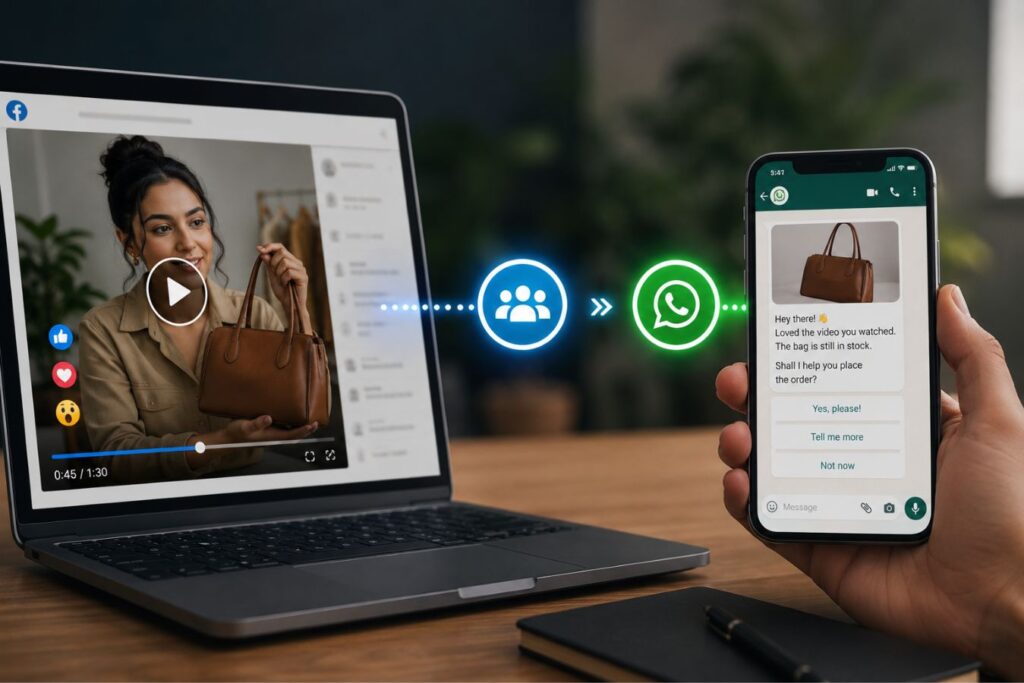 Professional digital marketing concept showing a Meta video advertisement viewed on a laptop connected to a WhatsApp conversation on a smartphone, illustrating high-intent audience retargeting, custom audience creation, and conversational commerce for increased customer conversions.