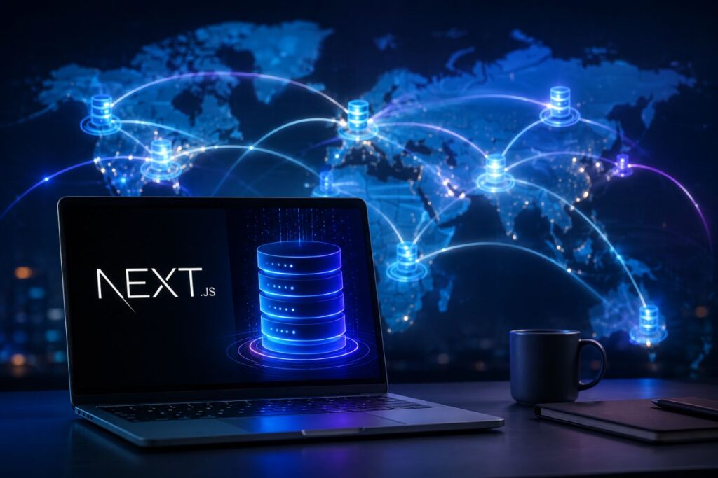 Pairing Edge Databases with Next.js for global low-latency web applications, featuring a modern developer workspace, distributed edge database network, real-time data synchronization, worldwide server connections, and high-performance Next.js architecture delivering sub-second load times across multiple regions.