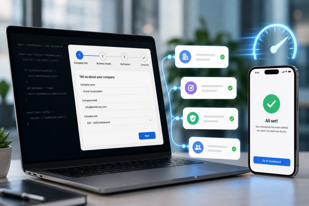 Modern Next.js-powered enterprise onboarding interface showing seamless multi-step conversational lead capture, instant form transitions, verification workflow, and frictionless user experience across desktop and mobile devices.