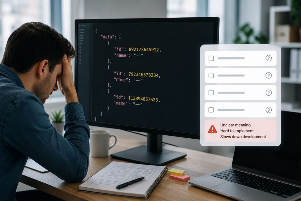 Frustrated frontend developer reviewing JSON API data with arbitrary database IDs and unclear permission mappings on a computer screen, illustrating the challenges of using numeric identifiers instead of human-readable permission names in modern web application development.