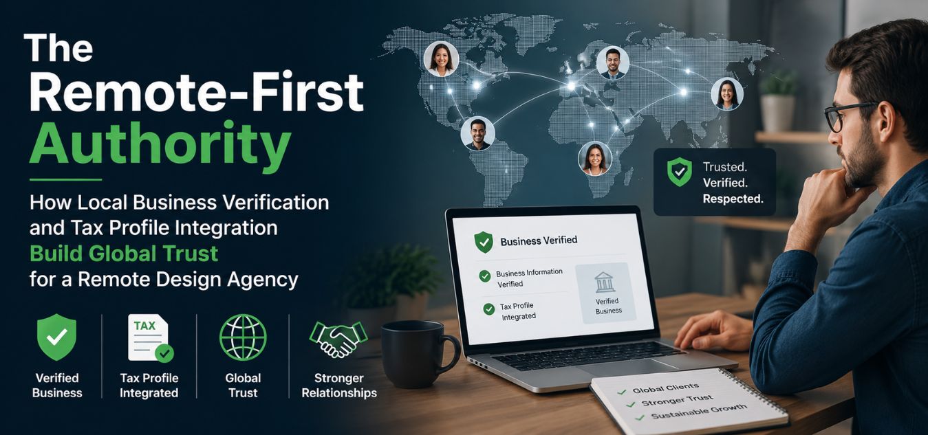 Professional remote design agency building global trust through local business verification and tax profile integration, featuring a verified business dashboard, global network connections, and secure remote-first operations.