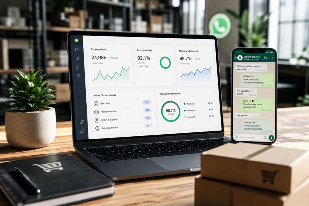 Professional conversational commerce infrastructure dashboard showing WhatsApp customer interactions, Meta video retargeting workflows, audience engagement analytics, automated messaging systems, and e-commerce order management for scalable customer communication.