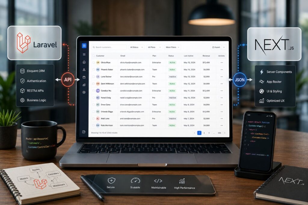 Supporting Design with Next.js and Laravel featuring a modern enterprise data grid interface with breathable table layouts, transparent headers, API-driven architecture, Laravel backend integration, and Next.js frontend components in a professional workspace.