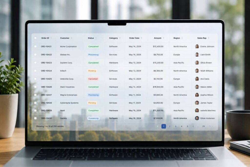 Modern enterprise data table interface featuring a transparent table header and subtle inner borders on a laptop screen, demonstrating a clean, high-fidelity data grid design that reduces cognitive load and improves readability for business dashboards and enterprise applications.