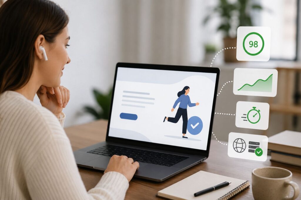 Professional web interface displaying lightweight Lottie animations that guide user attention and reduce cognitive load, illustrating edge-delivered animation technology that improves Core Web Vitals, page speed, user experience, and website performance.