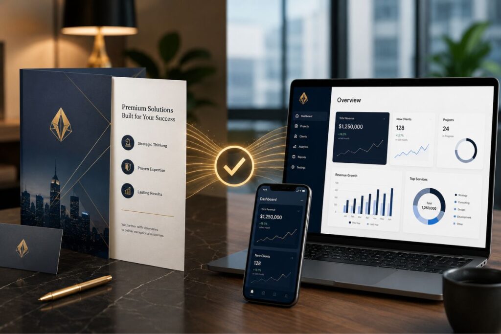 Premium marketing collateral seamlessly aligned with a consistent software interface across desktop and mobile devices, illustrating how visual consistency builds brand trust, improves user experience, and drives business revenue.