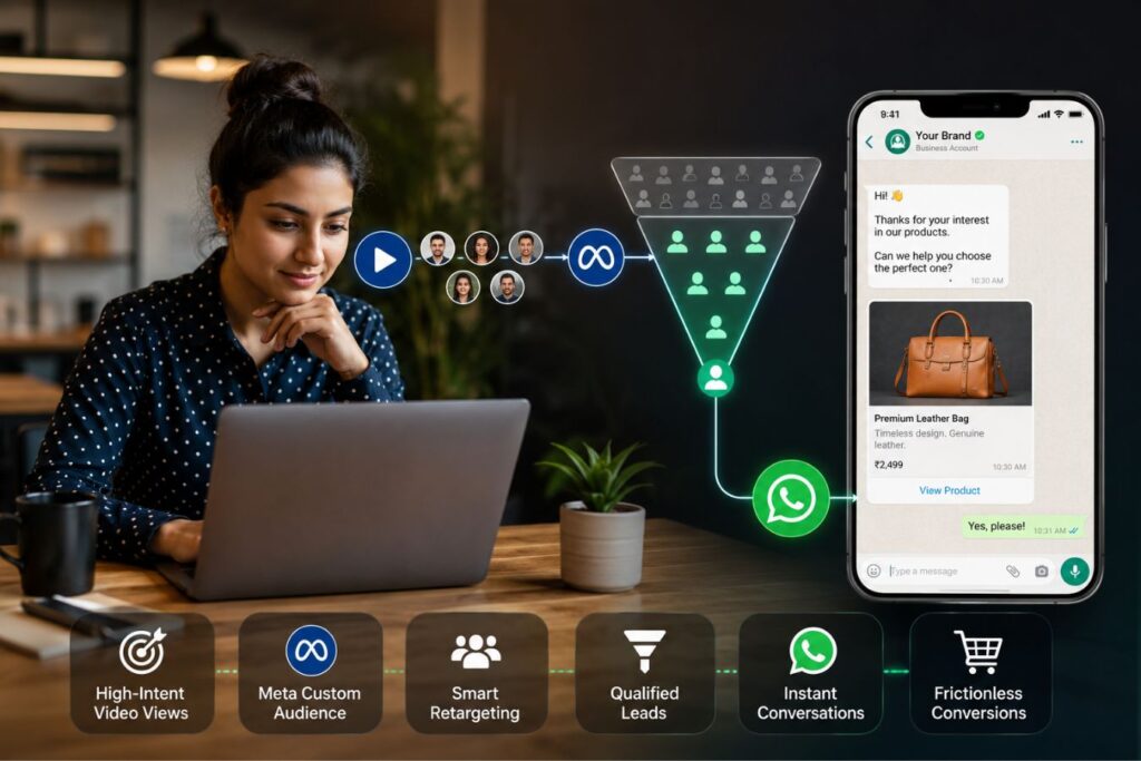 Professional digital marketing visualization showing visual design acting as a lead filter, guiding high-intent Meta video viewers through audience segmentation and WhatsApp retargeting funnels to generate qualified leads and frictionless conversational commerce conversions.