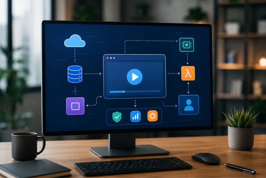 Professional illustration of lightweight 2D motion graphics explaining a complex SaaS system architecture through animated workflow elements, connected data components, cloud services, and user interactions for clear technical communication.