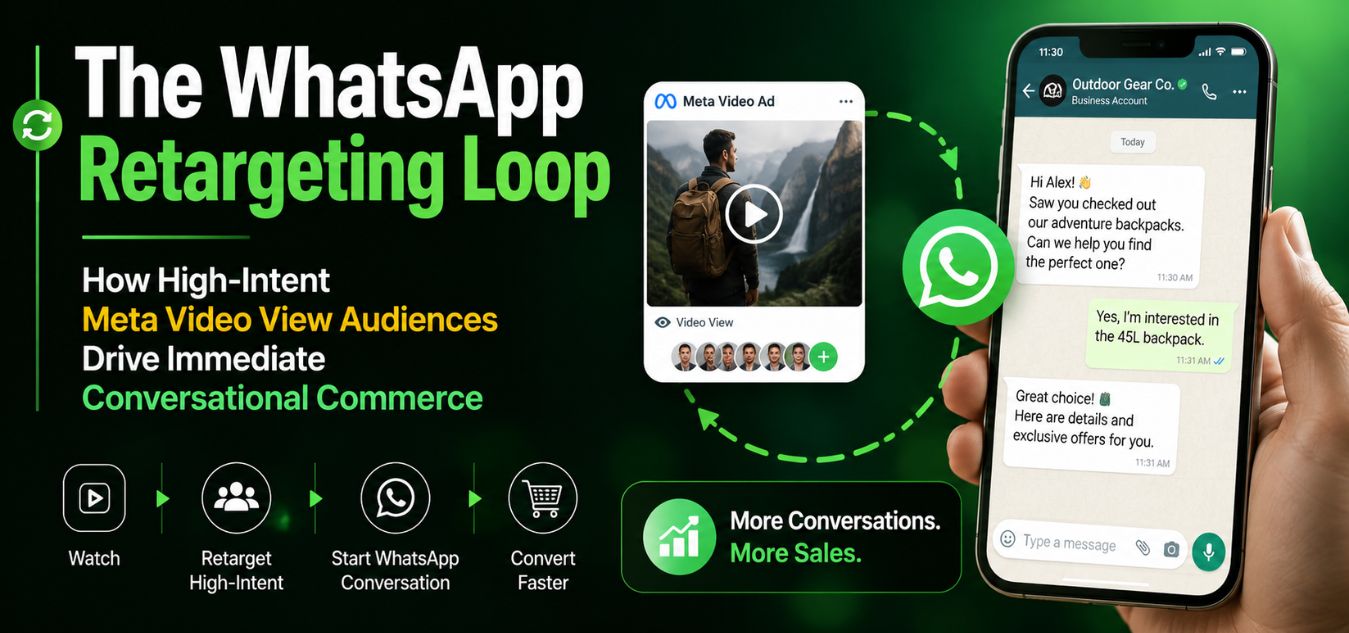 WhatsApp retargeting loop illustration showing Meta video view audiences being retargeted into WhatsApp conversations for immediate conversational commerce, lead generation, customer engagement, and increased sales conversions.