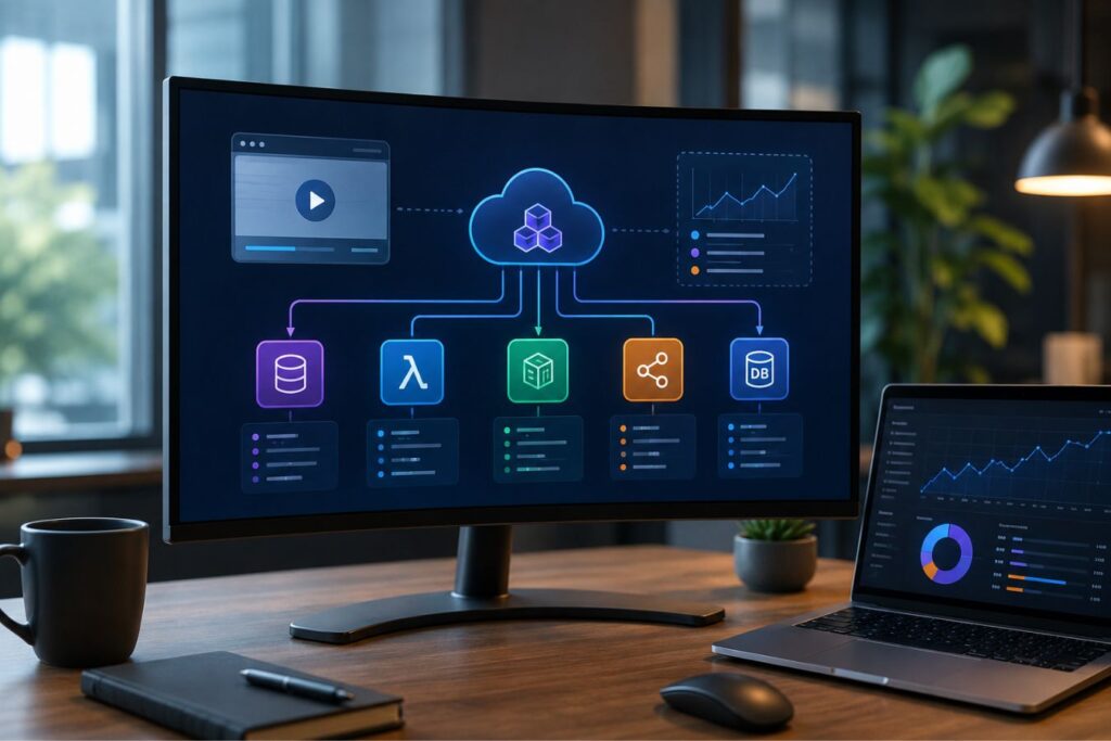 Where Elite Design Meets Technical SEO – professional digital workspace displaying a modern SaaS system architecture dashboard, analytics visualizations, cloud-based infrastructure components, and lightweight 2D motion graphics concepts used to communicate complex software systems and improve user engagement.