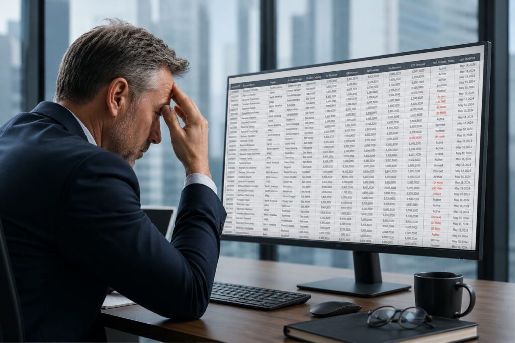 Executive struggling to analyze a dense legacy enterprise data table on a computer monitor, illustrating poor data table design, cognitive overload, and the need for breathable data grids with transparent headers and improved readability in modern business intelligence dashboards.