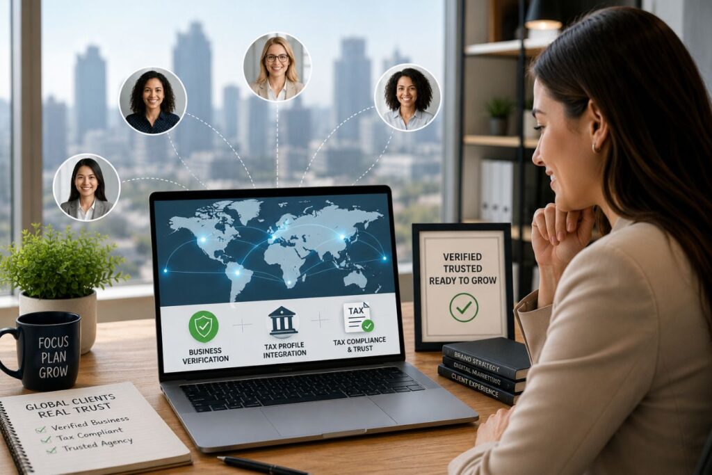 Remote design agency professional working from a modern office, showcasing business verification, tax profile integration, and global client connections to build international B2B trust and credibility.