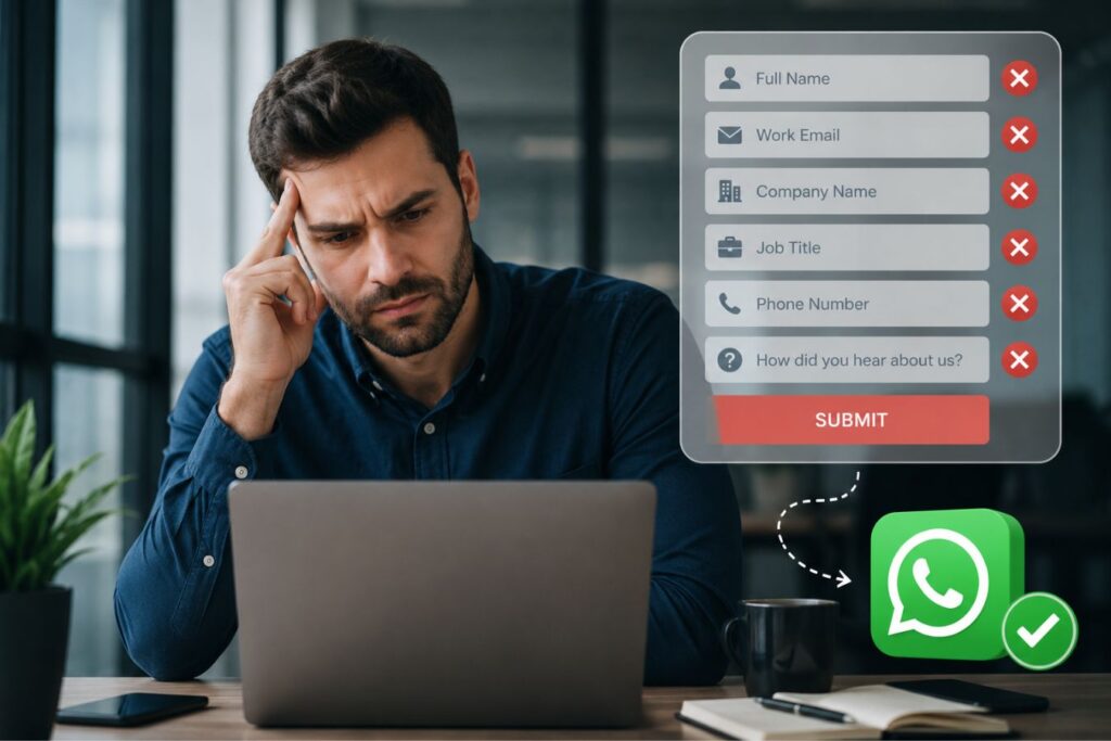 B2B professional frustrated with a traditional lead capture form on a laptop while a WhatsApp communication interface highlights a faster, more convenient way to generate qualified leads for SaaS and B2B startups.