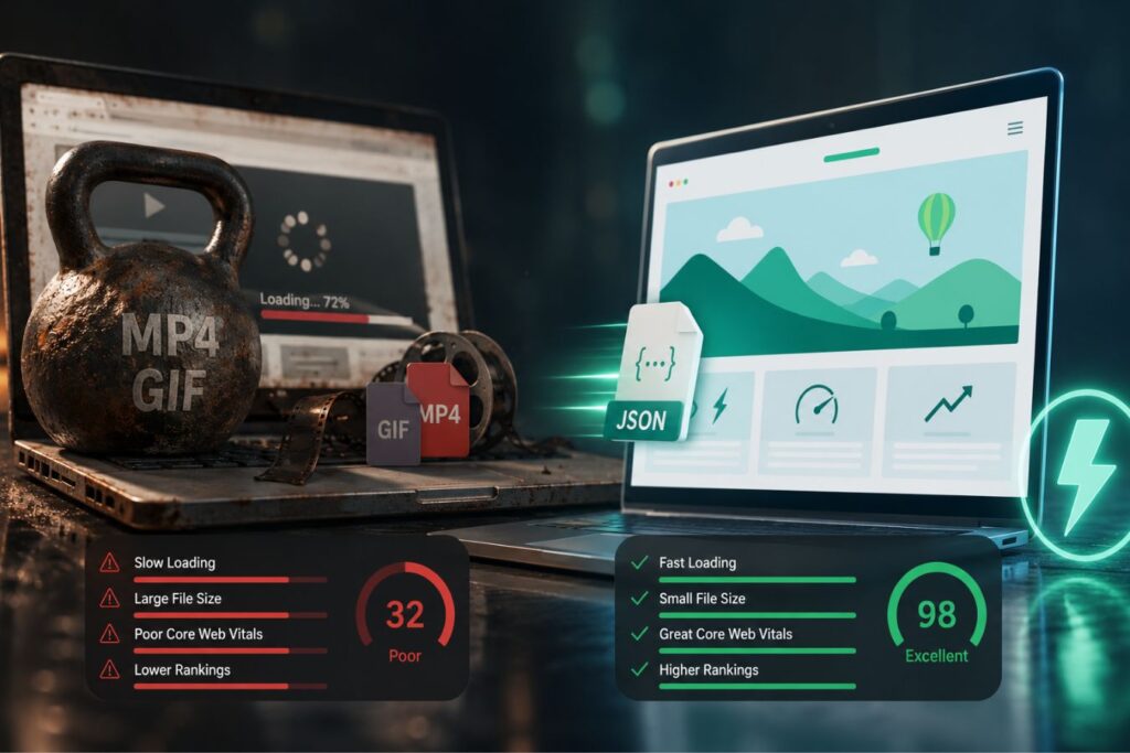 Comparison of heavy MP4 and GIF files versus lightweight edge-cached Lottie animations, showing faster website performance, improved Core Web Vitals, reduced file sizes, quicker page load speeds, and better SEO rankings.