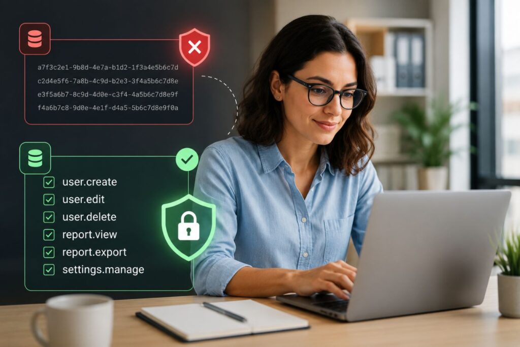 Female software developer reviewing application permissions on a laptop, comparing human-readable permission names with arbitrary IDs through secure access control and authorization management dashboards, illustrating how readable permissions improve system security, frontend development efficiency, and role-based access control.