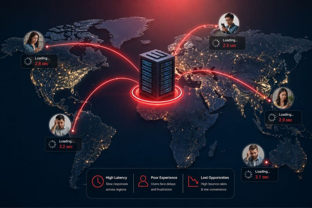 Global centralized database infrastructure showing a single data center serving users across multiple continents with high latency, slow loading times, and network delays, illustrating why traditional centralized databases struggle to deliver fast performance in global markets compared to edge-powered database architectures.