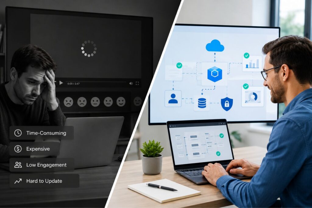 Professional comparison showing why traditional explainer videos are failing B2B SaaS companies, with a frustrated user facing slow video-based communication on one side and a modern lightweight 2D motion graphics system architecture visualization on the other, demonstrating faster and clearer communication of complex SaaS workflows and cloud infrastructure.