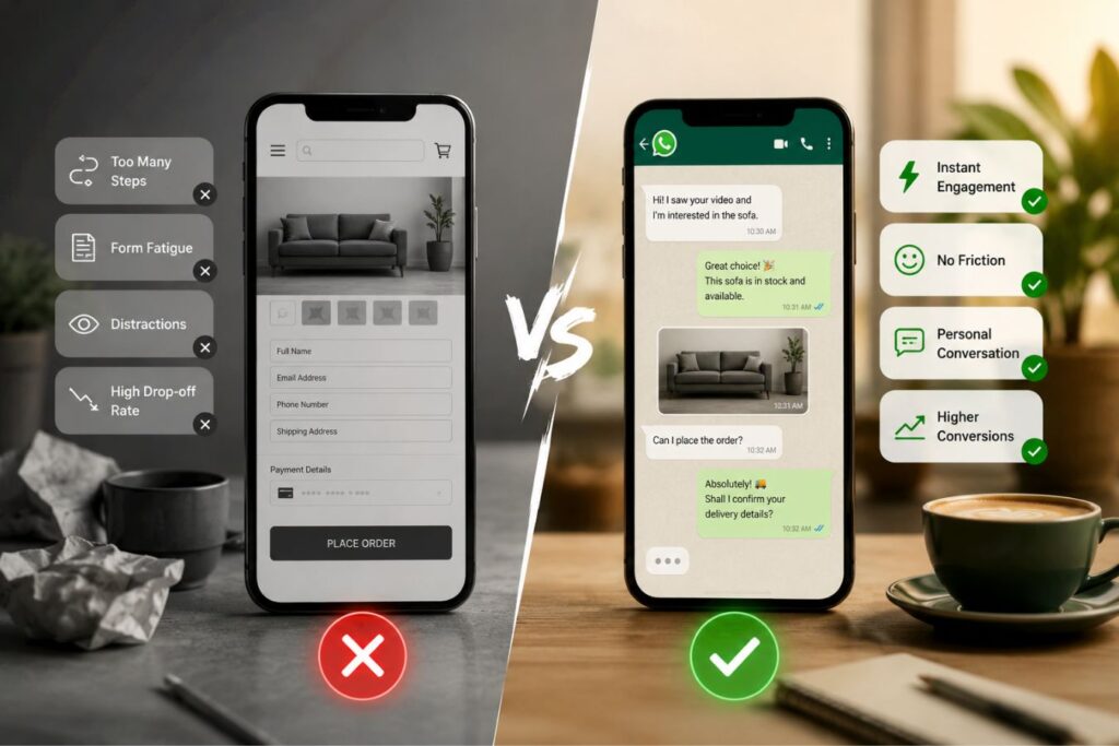 Split-screen comparison showing a traditional landing page with multiple form fields and checkout steps versus a WhatsApp Business conversation that enables instant customer engagement, frictionless lead generation, and faster conversational commerce conversions from Meta video retargeting campaigns.