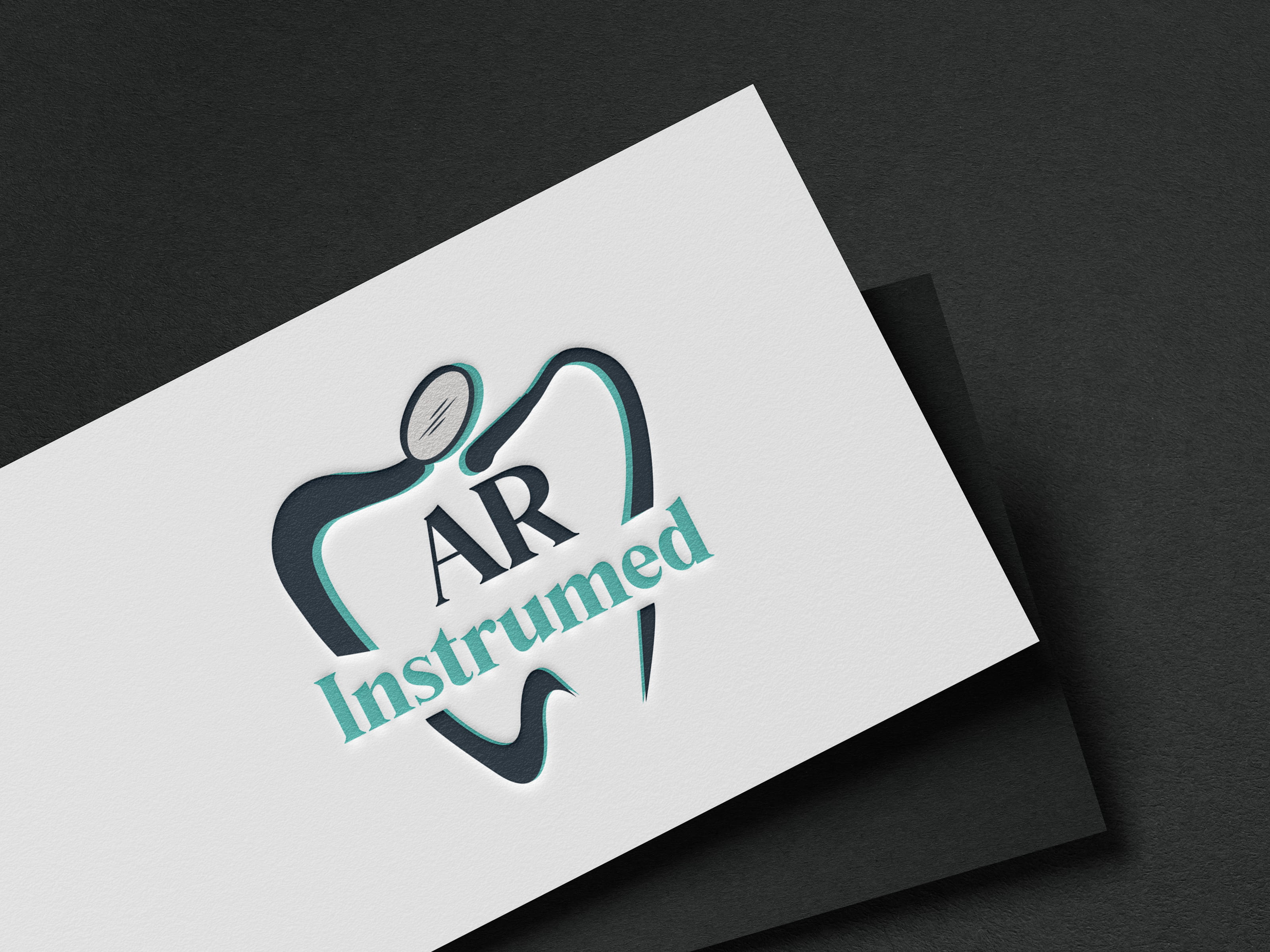AR Instrumented dental logo mockup embossed on a premium white business card, featuring a tooth and dental mirror icon to showcase professional dental clinic branding (Variation 1).