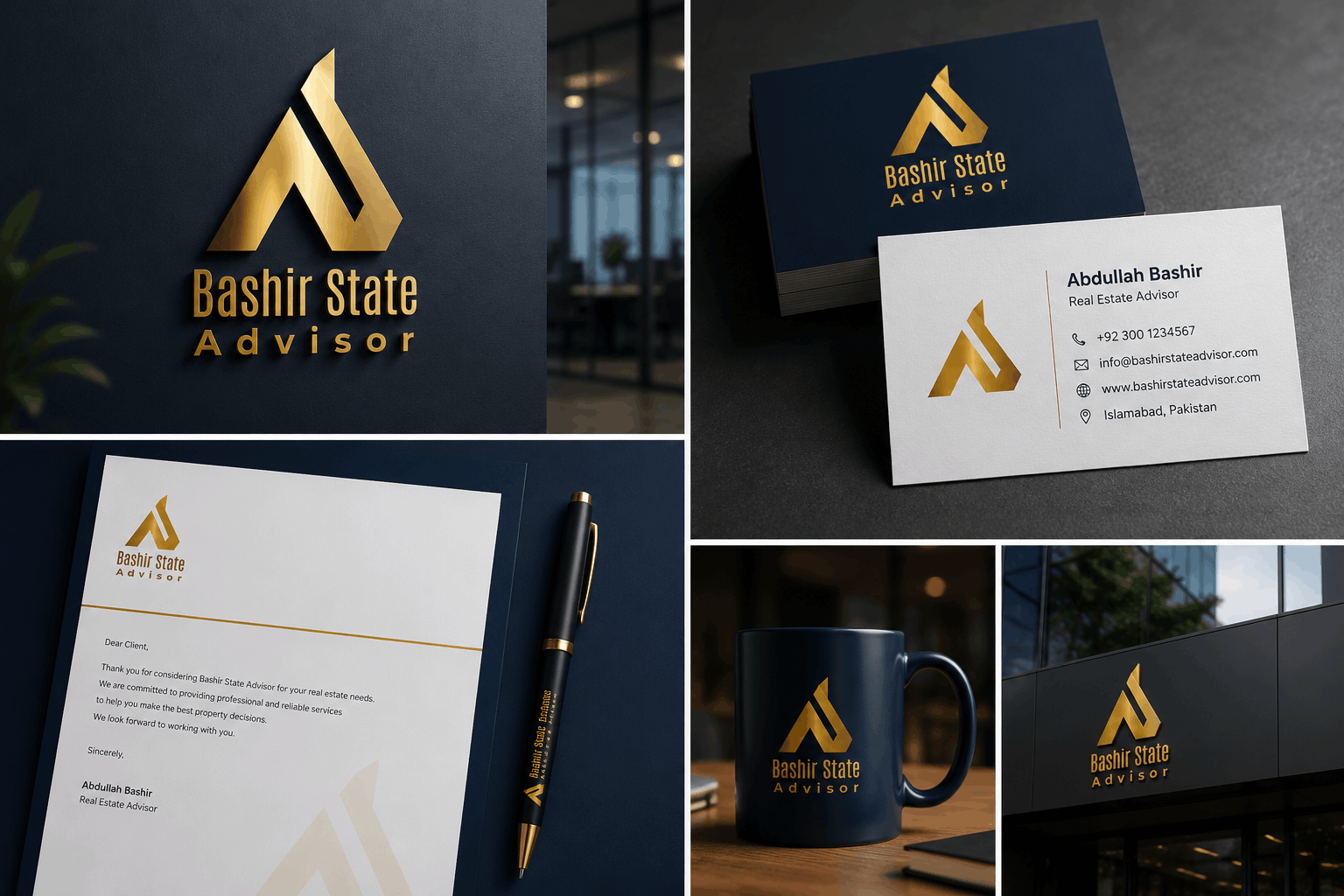 Premium brand identity mockup for Bashir State Advisor featuring a gold real estate logo, business cards, letterhead, branded mug, office signage, and corporate stationery, showcasing a complete real estate branding package (Variation 2).