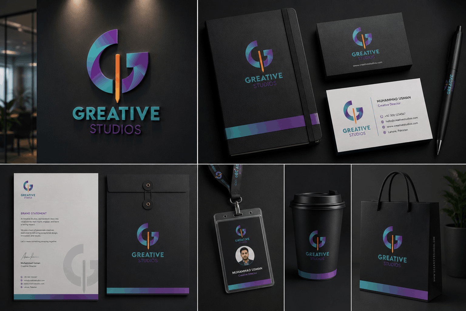 Premium corporate branding mockup for GCreative Studios featuring a modern logo displayed on business cards, stationery, notebook, ID card, coffee cup, shopping bag, pen, and wall signage with a professional brand identity design.