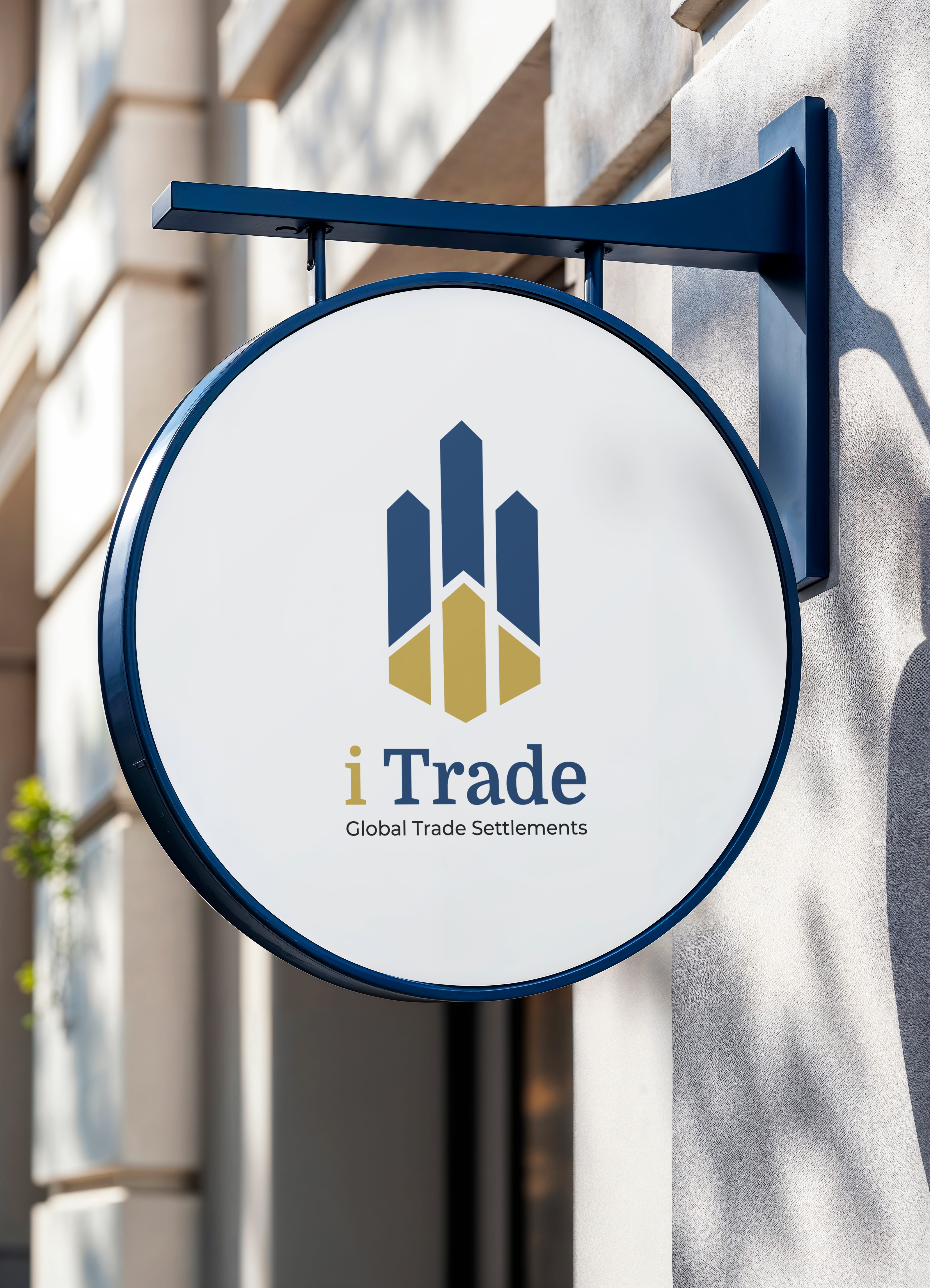 Round outdoor signage mockup featuring the iTrade Global Trade Settlements logo mounted on a modern building, showcasing professional corporate branding and business signage (Variation 3).