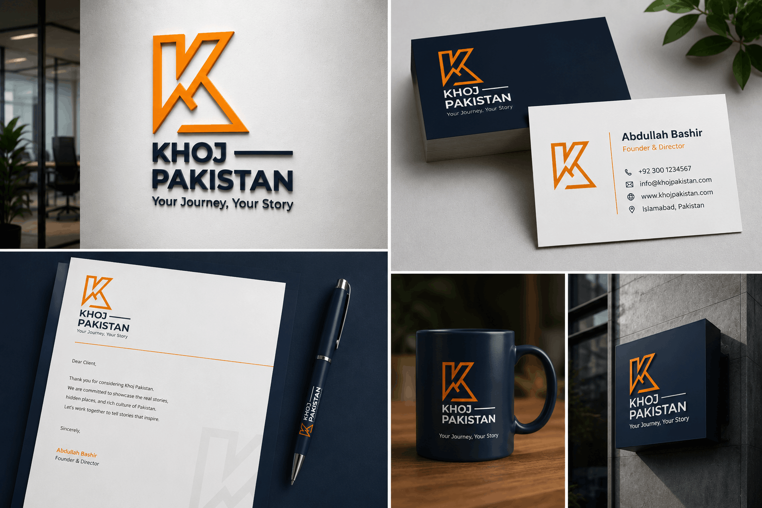 Professional Khoj Pakistan travel brand identity featuring a modern logo design with business card, letterhead, coffee mug, signage, and premium stationery mockups in orange, navy blue, and white branding.