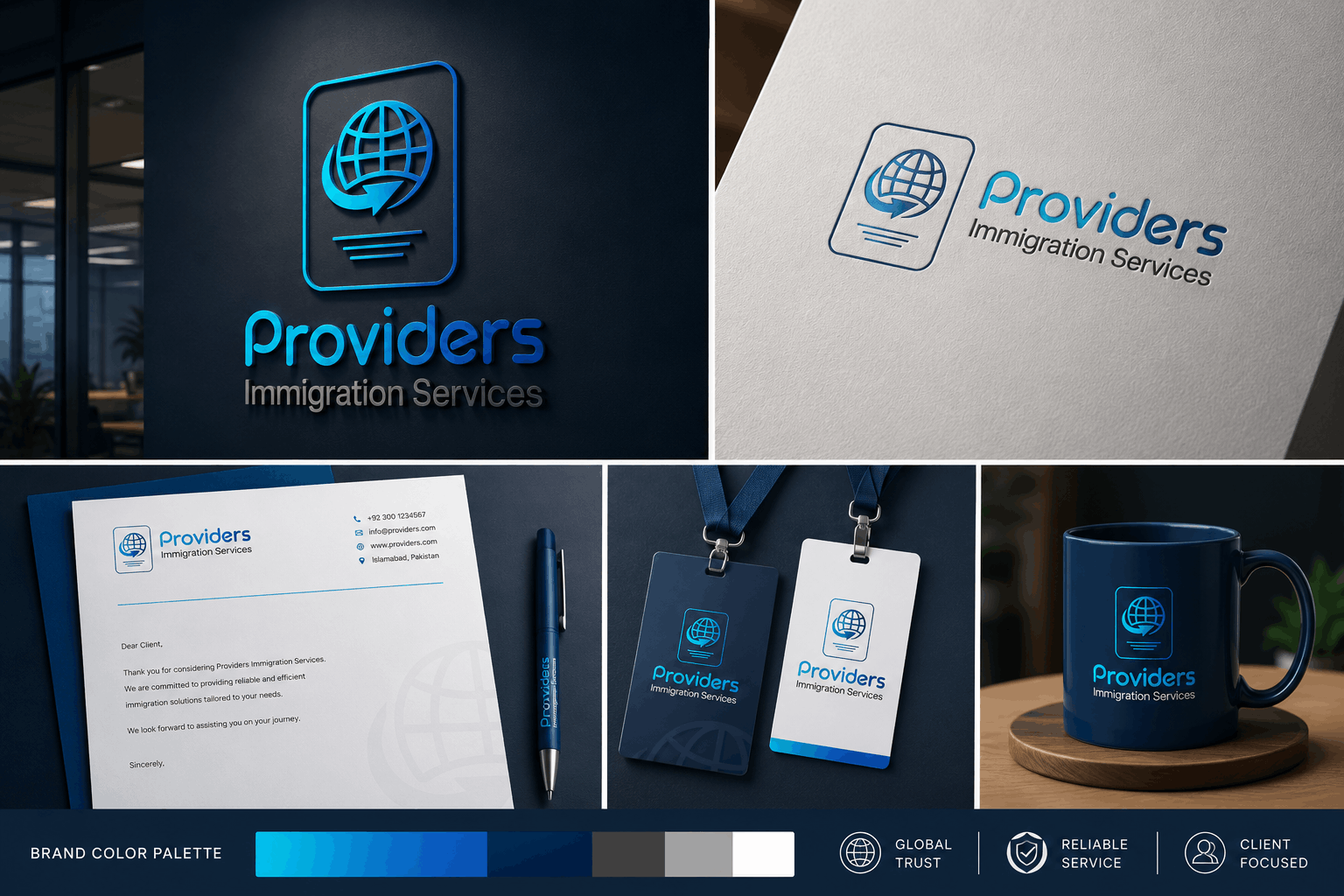 Professional corporate branding mockup for Providers Immigration Services featuring a modern passport and globe logo displayed on office signage, letterhead, business stationery, ID cards, coffee mug, and branded marketing materials in a blue corporate identity theme.