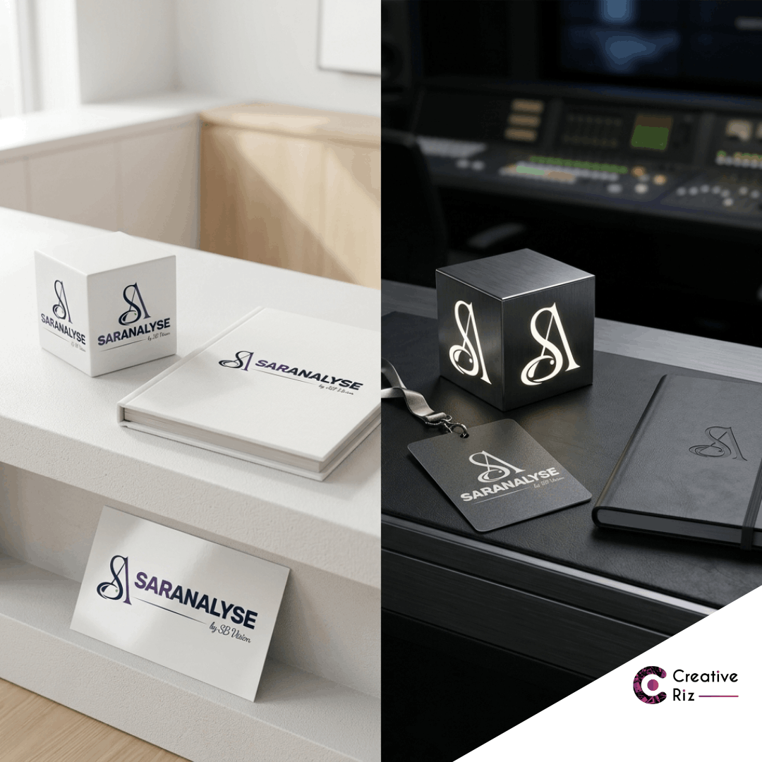 Professional brand identity mockup for Saranalyse Football Media Agency featuring a modern logo displayed on business cards, notebook, ID card, branded cube, and corporate stationery in clean black and white branding.