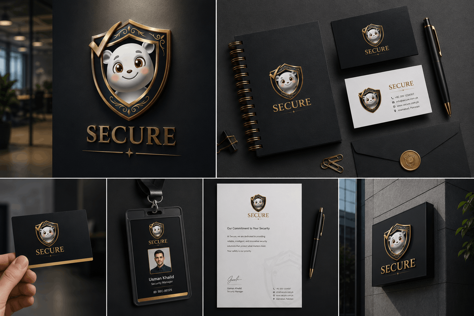 Premium corporate branding mockup for Secure Security featuring a gold shield mascot logo displayed on business cards, stationery, notebook, ID card, office signage, and branded office accessories with a luxury corporate identity design.
