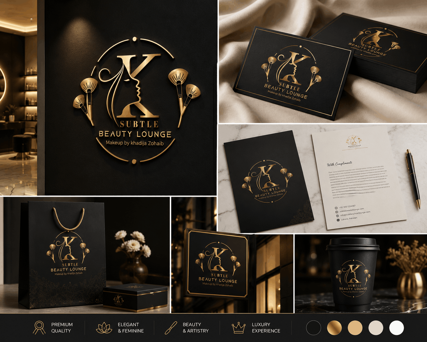 Luxury brand identity mockup for Subtle Beauty Lounge featuring an elegant gold beauty salon logo displayed on business cards, shopping bag, stationery, coffee cup, signage, and premium branding materials with a sophisticated black and gold aesthetic.