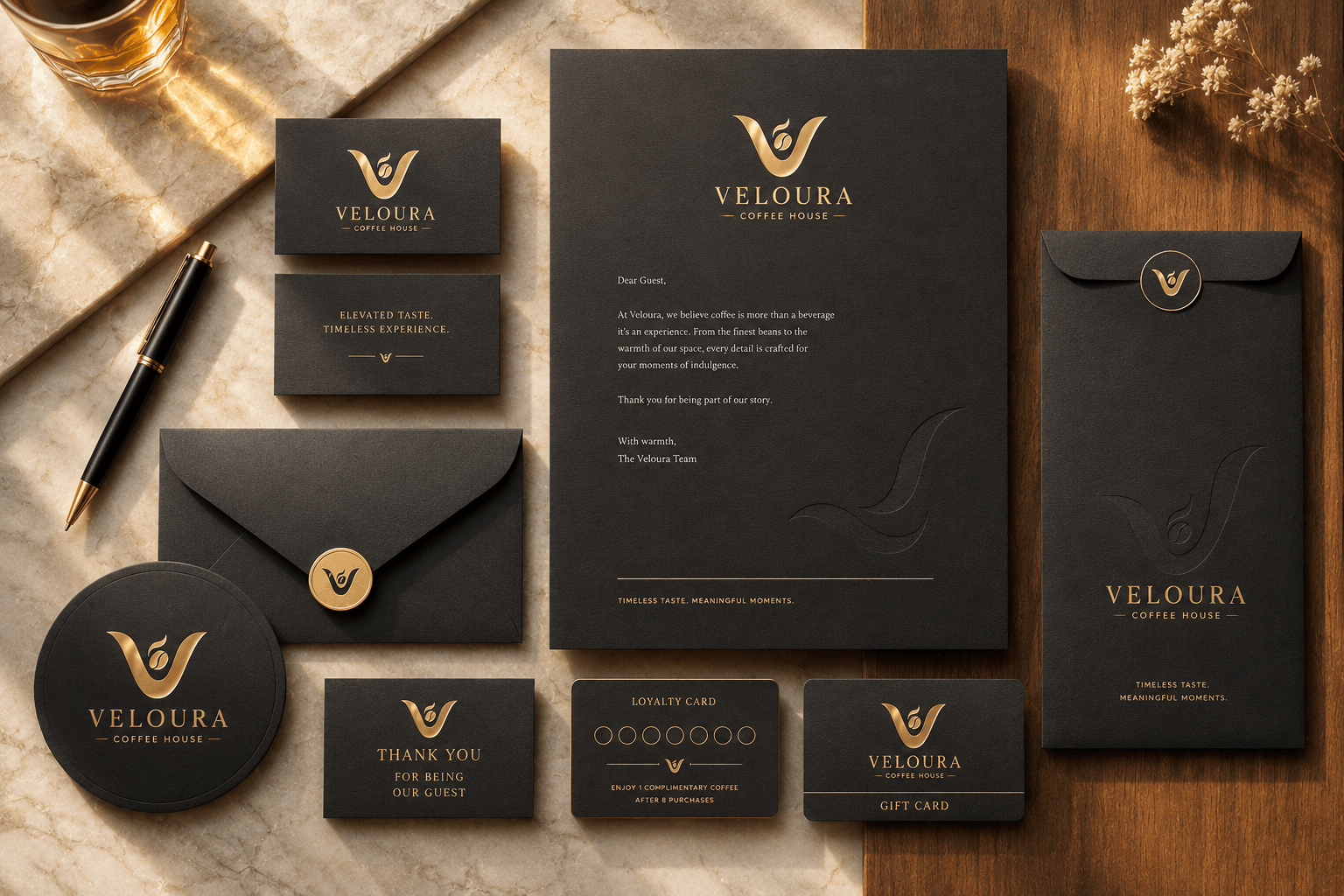 Premium Veloura Coffee House brand identity mockup featuring a luxury coffee shop logo, business cards, letterhead, envelopes, loyalty card, gift card, coaster, and branded stationery, showcasing an elegant café branding package.