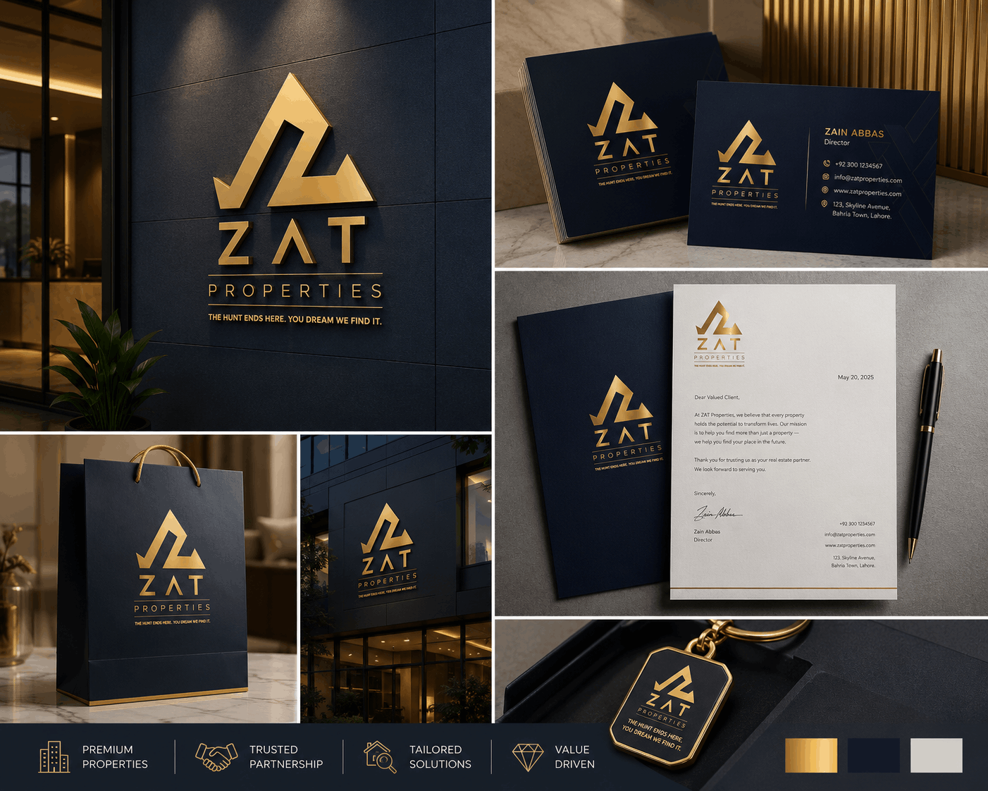 Luxury real estate brand identity mockup for ZAT Properties featuring a premium gold logo displayed on office signage, business cards, letterhead, shopping bag, keychain, and corporate branding materials with an elegant navy and gold color scheme.